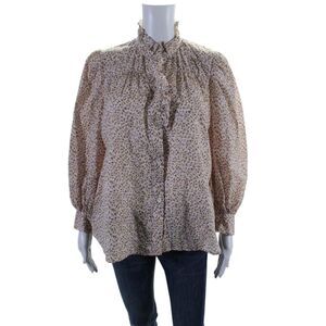 Secular Womens Cotton Abstract Long Sleeve Button Up Blouse Top Beige Size S